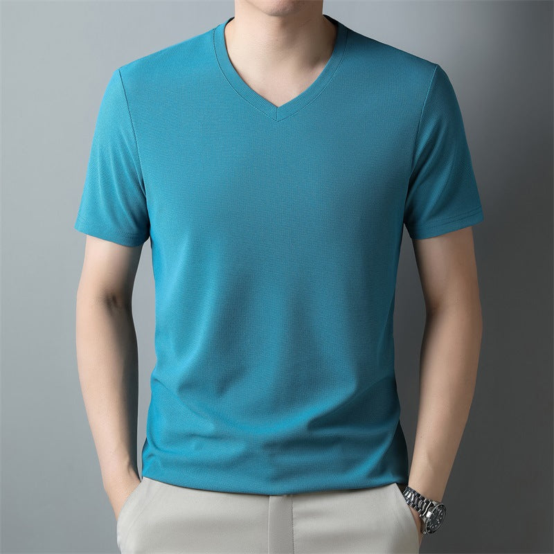 Męski Letni T-Shirt z Krótkim Rękawem z Dekoltem V z Lekkiej Oddychającej Tkaniny