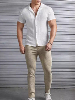 Meska Koszula Z Krotkim Rekawem, Slim Fit, Tekstura Waflowa, Lekka Konstrukcja