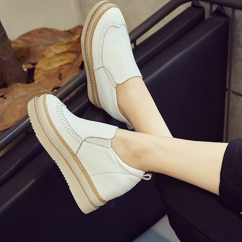 Damskie Sneakersy na Koturnie z Ukrytą Wysokością, Cholewką ze Skóry Bydlęcej i Podeszwą PU