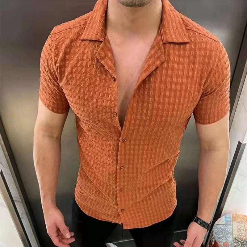 Męski Kardigan z Krótkim Rękawem Slim Fit – Kołnierz Klapowy, Zapinany na Guziki, Jednolite Kolory
