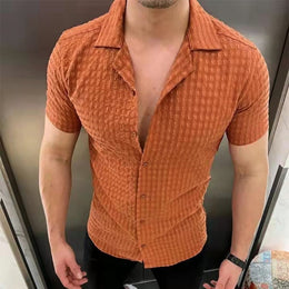 Męski Kardigan z Krótkim Rękawem Slim Fit – Kołnierz Klapowy, Zapinany na Guziki, Jednolite Kolory