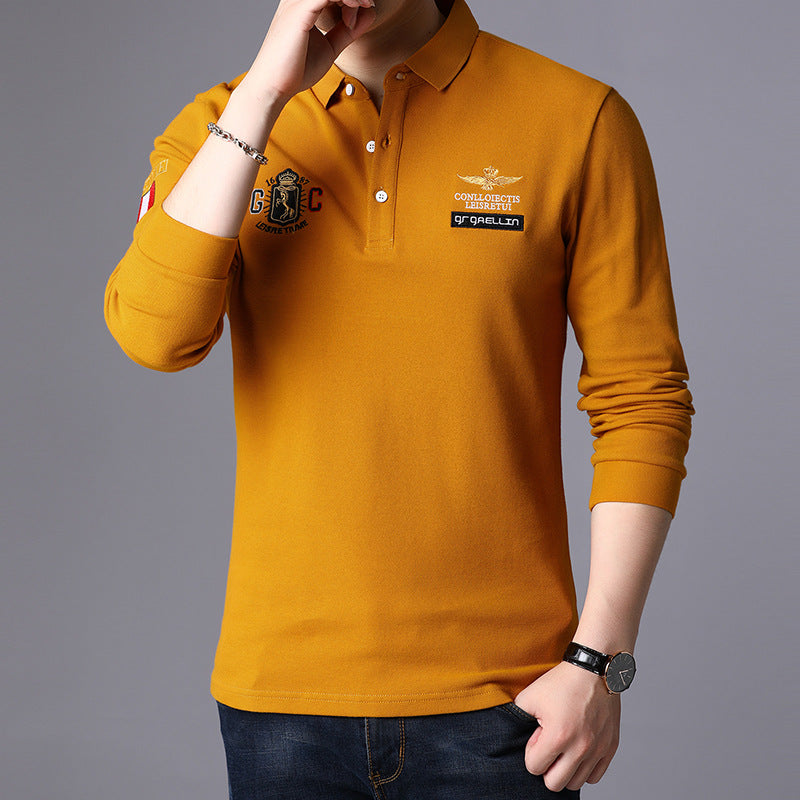 Męski T-shirt z Długim Rękawem Slim Fit z Kołnierzem Klapowym – Gładki Model Jednolity