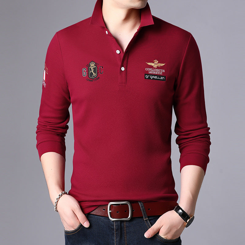 Męski T-shirt z Długim Rękawem Slim Fit z Kołnierzem Klapowym – Gładki Model Jednolity