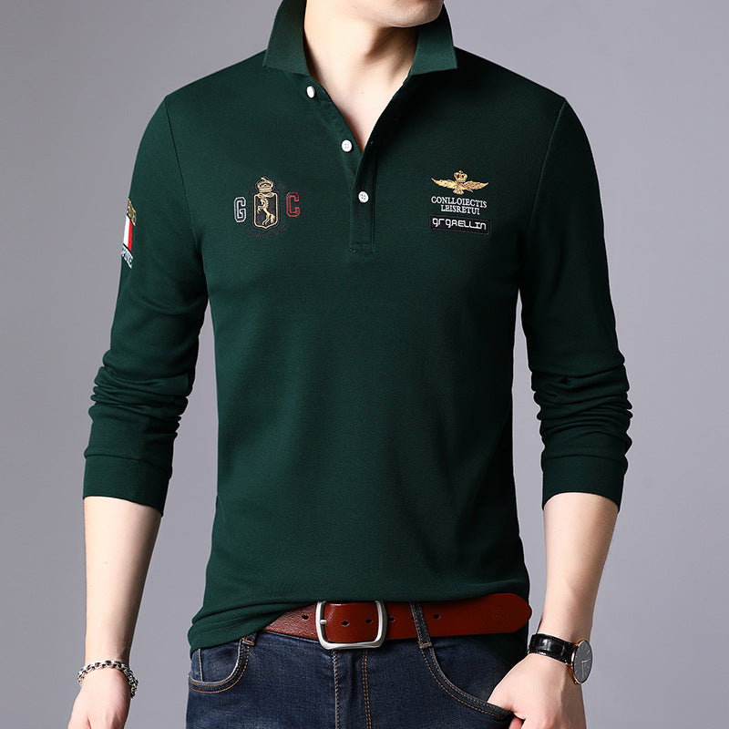 Męski T-shirt z Długim Rękawem Slim Fit z Kołnierzem Klapowym – Gładki Model Jednolity