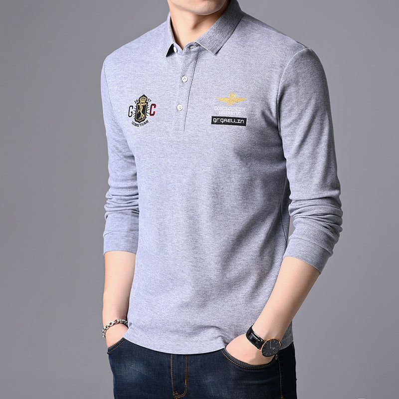 Męski T-shirt z Długim Rękawem Slim Fit z Kołnierzem Klapowym – Gładki Model Jednolity
