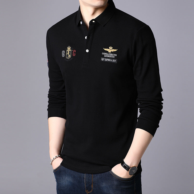 Męski T-shirt z Długim Rękawem Slim Fit z Kołnierzem Klapowym – Gładki Model Jednolity