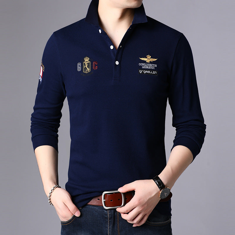 Męski T-shirt z Długim Rękawem Slim Fit z Kołnierzem Klapowym – Gładki Model Jednolity