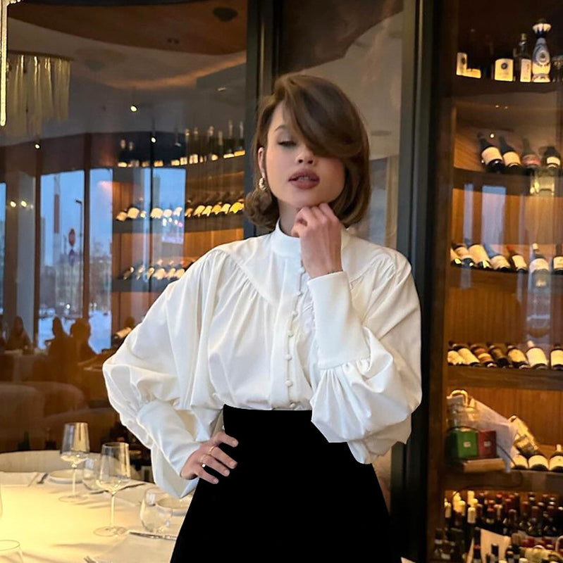 Damska Koszula Wiosenna Stójka Bufiaste Rękawy Plisowany Przód Zapięcie na Guziki