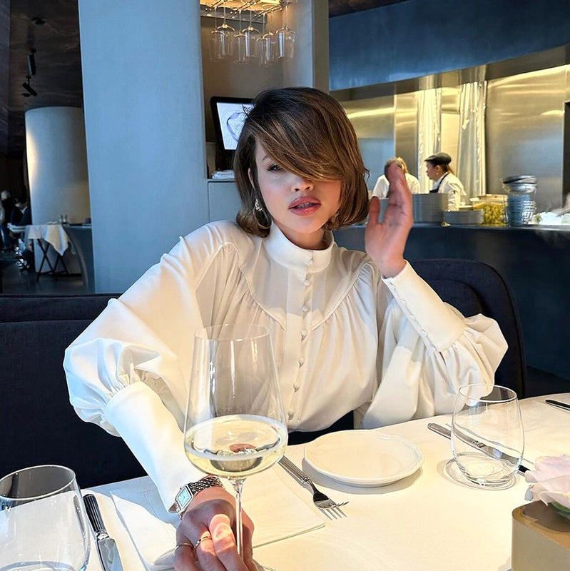 Damska Koszula Wiosenna Stójka Bufiaste Rękawy Plisowany Przód Zapięcie na Guziki