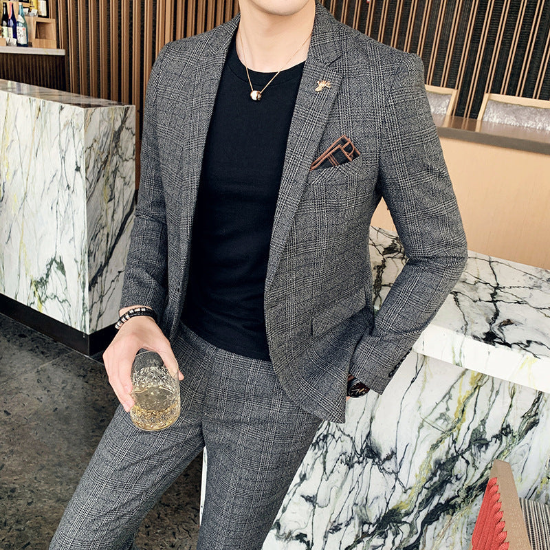 Meskie Dwuczesiowe Garnitur W Krate, Slim Fit, Dopasowane Spodnie
