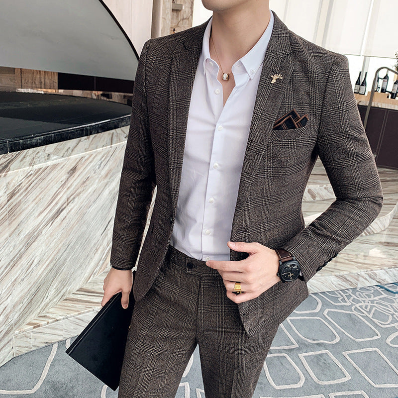 Meskie Dwuczesiowe Garnitur W Krate, Slim Fit, Dopasowane Spodnie