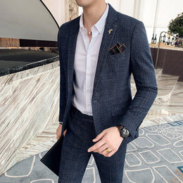 Meskie Dwuczesiowe Garnitur W Krate, Slim Fit, Dopasowane Spodnie