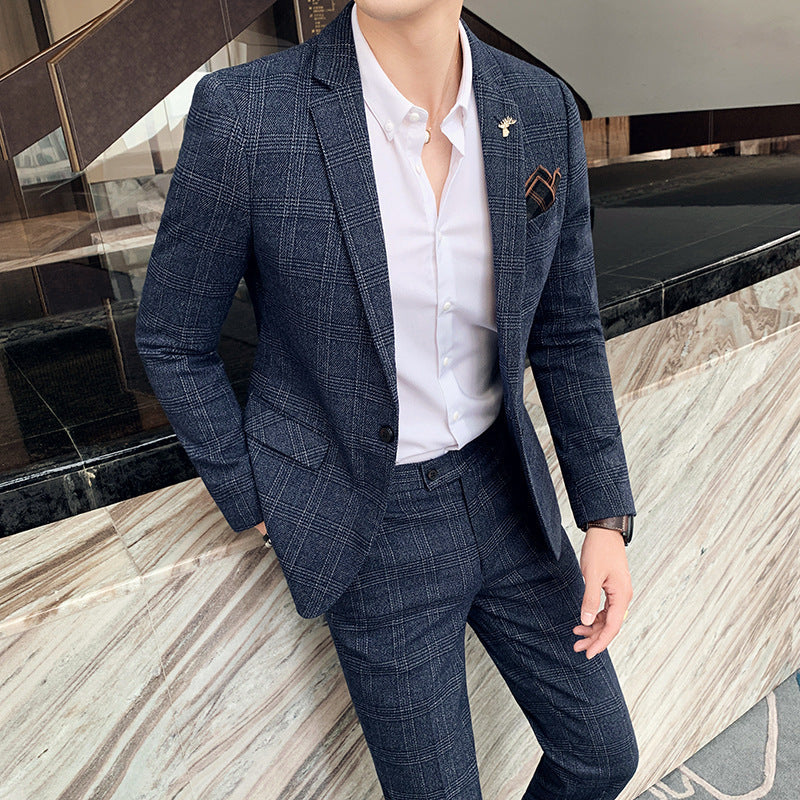 Meskie Dwuczesiowe Garnitur W Krate, Slim Fit, Dopasowane Spodnie