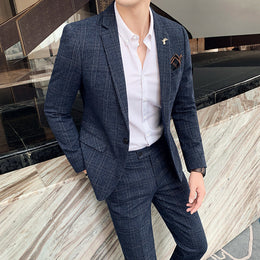 Meskie Dwuczesiowe Garnitur W Krate, Slim Fit, Dopasowane Spodnie