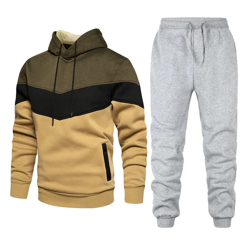 Meskie Wiosenny Komplet Sportowy Patchwork, Bluza Z Kapturem Z Dlugim Rekawem I Spodnie, Dwuczesiowy