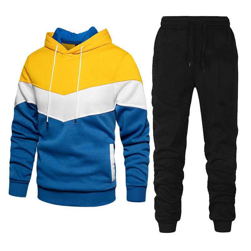 Meskie Wiosenny Komplet Sportowy Patchwork, Bluza Z Kapturem Z Dlugim Rekawem I Spodnie, Dwuczesiowy
