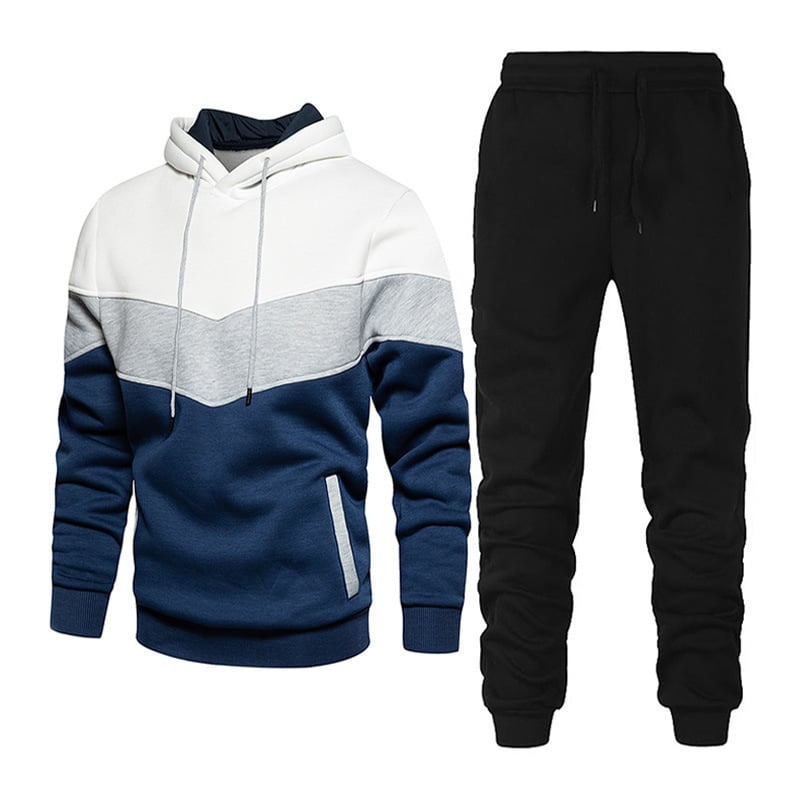 Meskie Wiosenny Komplet Sportowy Patchwork, Bluza Z Kapturem Z Dlugim Rekawem I Spodnie, Dwuczesiowy