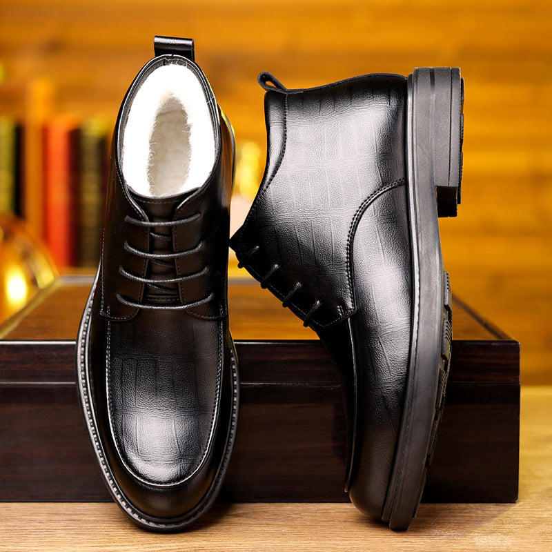 Męskie Zimowe Wysokie Buty Sznurowane z Podszewką Fleece Podeszwa Gumowa Kwadratowy Obcas