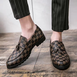 Męskie Buty Biznesowe w Kratę, Cholewka PU, Antypoślizgowa Gumowa Podeszwa, Niski Profil