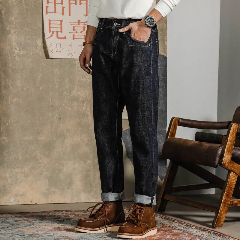 Meskie Dzinsy Straight Leg Z Mieszanki Denimu, Sredni Stan, Ciemny Odcien