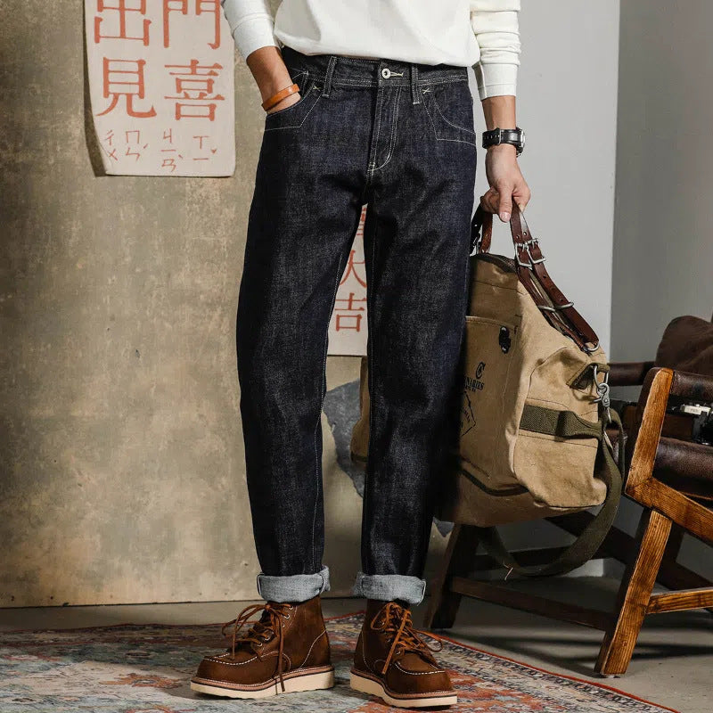 Meskie Dzinsy Straight Leg Z Mieszanki Denimu, Sredni Stan, Ciemny Odcien