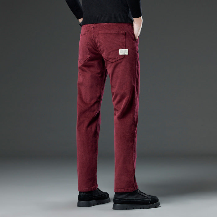 Meskie Jesienno-Zimowe Sztruksowe Spodnie Slim Fit Straight Leg Z Srednim Stanem I Rozporkiem Na Zamek