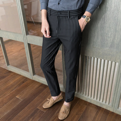 Męskie Spodnie Wizytowe – Slim Fit, Pionowe Paski, Prosta Nogawka, Średni Stan