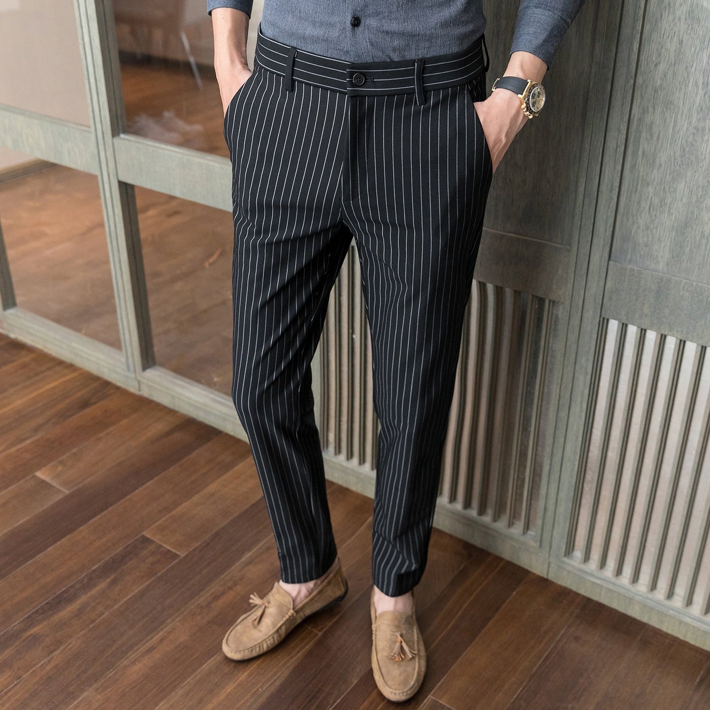 Męskie Spodnie Wizytowe – Slim Fit, Pionowe Paski, Prosta Nogawka, Średni Stan