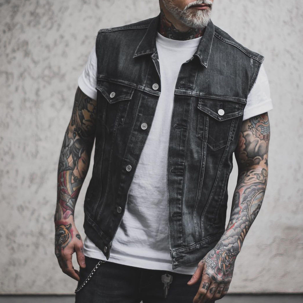 Męska Bezrękawnikowa Kurtka Denim Blend Z Kołnierzem Typu Turn Down I Zapięciem Na Guziki