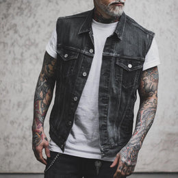 Męska Bezrękawnikowa Kurtka Denim Blend Z Kołnierzem Typu Turn Down I Zapięciem Na Guziki