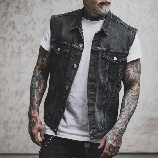 Męska Bezrękawnikowa Kurtka Denim Blend Z Kołnierzem Typu Turn Down I Zapięciem Na Guziki