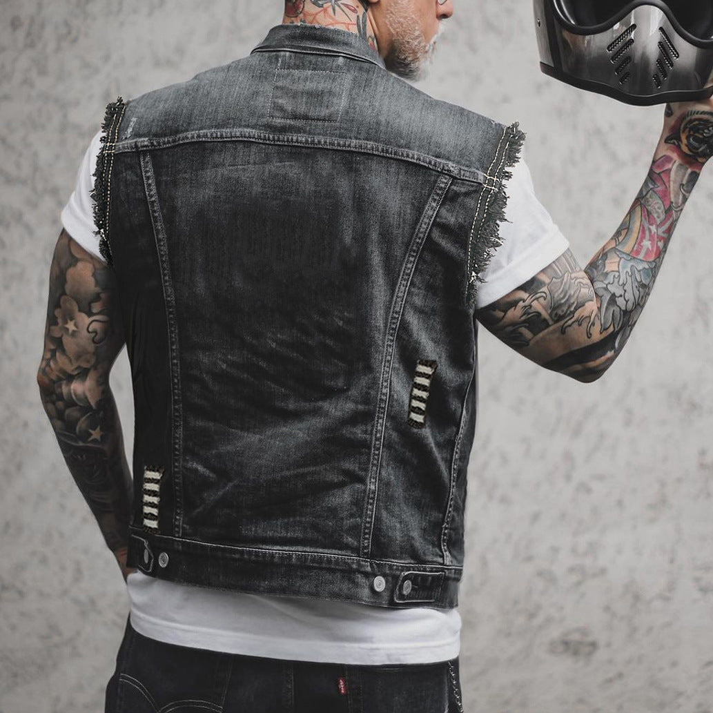 Męska Bezrękawnikowa Kurtka Denim Blend Z Kołnierzem Typu Turn Down I Zapięciem Na Guziki