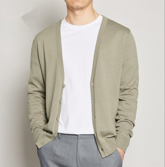 Męski Kardigan V-Neck Z Długim Rękawem W Jednolitym Kolorze
