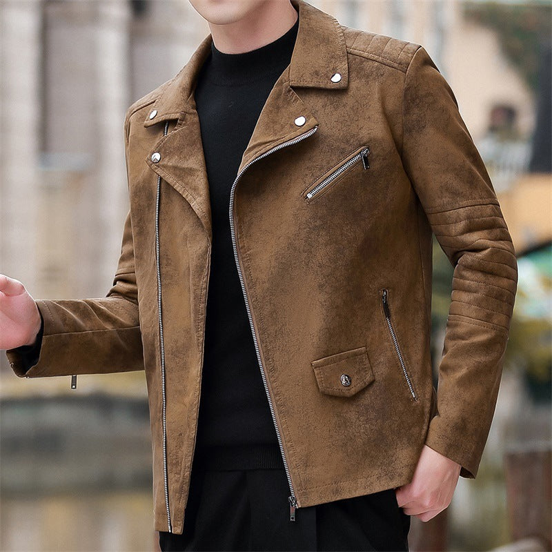 Płaszcz Męski Zimowy Faux Leather z Podszewką Velvet Style Kołnierz Garniturowy i Prostym Dołem