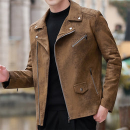 Płaszcz Męski Zimowy Faux Leather z Podszewką Velvet Style Kołnierz Garniturowy i Prostym Dołem