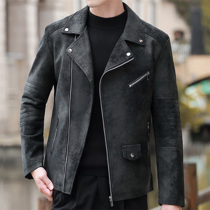 Płaszcz Męski Zimowy Faux Leather z Podszewką Velvet Style Kołnierz Garniturowy i Prostym Dołem