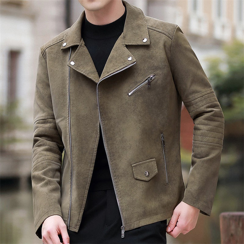 Płaszcz Męski Zimowy Faux Leather z Podszewką Velvet Style Kołnierz Garniturowy i Prostym Dołem