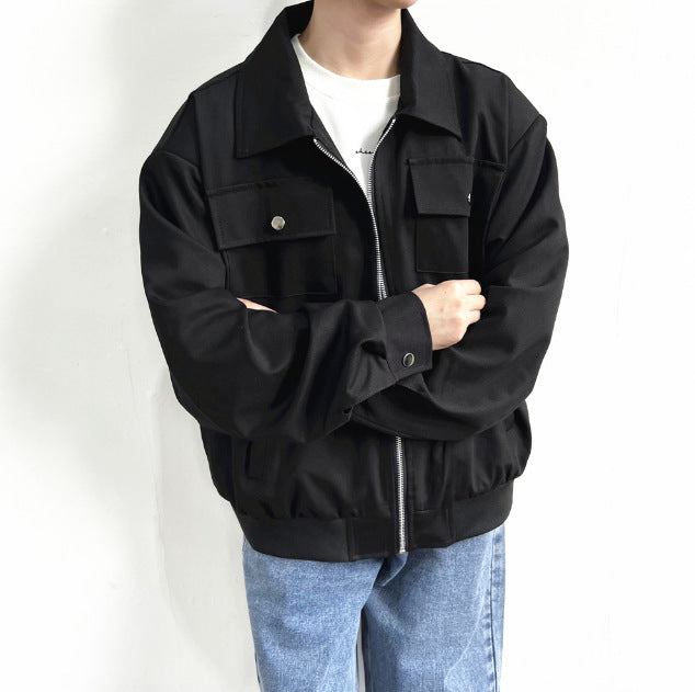 Męska Wiosenna Marynarka Garniturowa z Luźnym Krojem, Jednokolorowa z Kieszeniami Naszywanymi