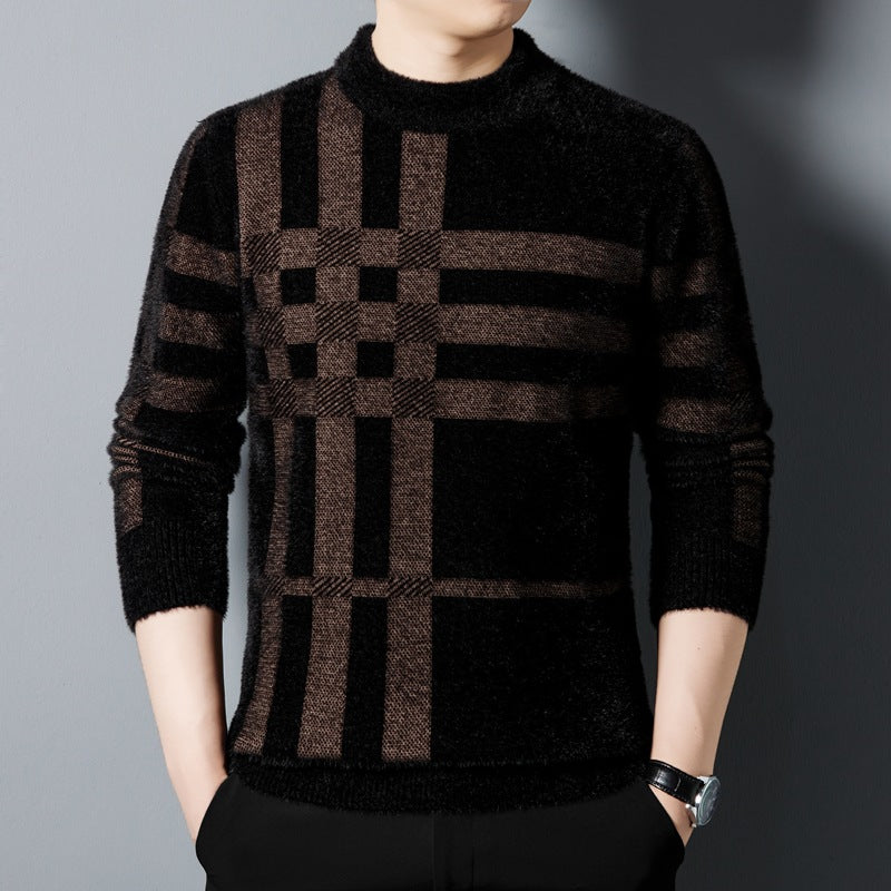 Meska Zimowa Bluza Z Grubego Dzianinu W Paski, Slim Fit