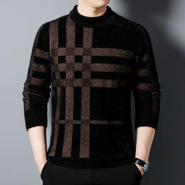 Meska Zimowa Bluza Z Grubego Dzianinu W Paski, Slim Fit
