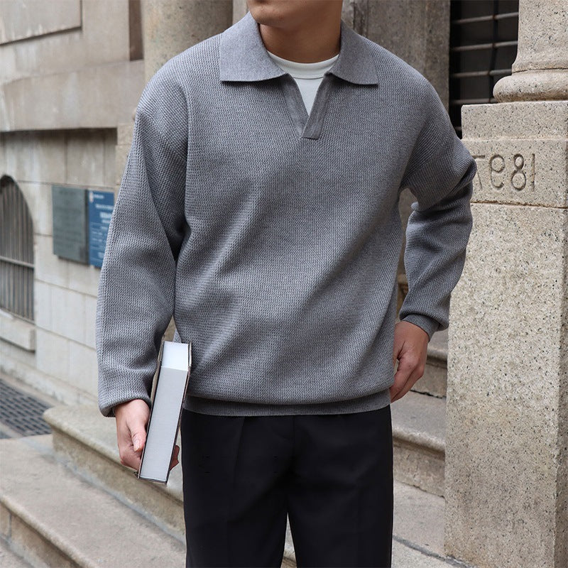 Męski Sweter Pulower z Kołnierzykiem Polo, Dekoltem V i Krojem Slim Fit