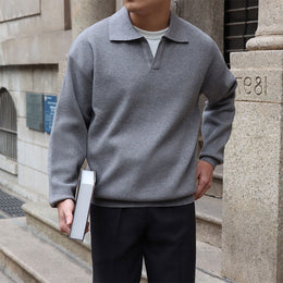 Męski Sweter Pulower z Kołnierzykiem Polo, Dekoltem V i Krojem Slim Fit