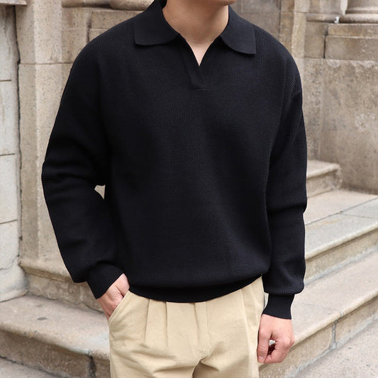 Męski Sweter Pulower z Kołnierzykiem Polo, Dekoltem V i Krojem Slim Fit