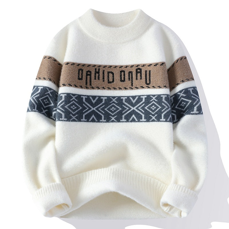 Meska Zimowa Dzianinowa Bluza Z Wzorem Zhakardy, Slim Fit, Kontrastowy Okragly Dekolt