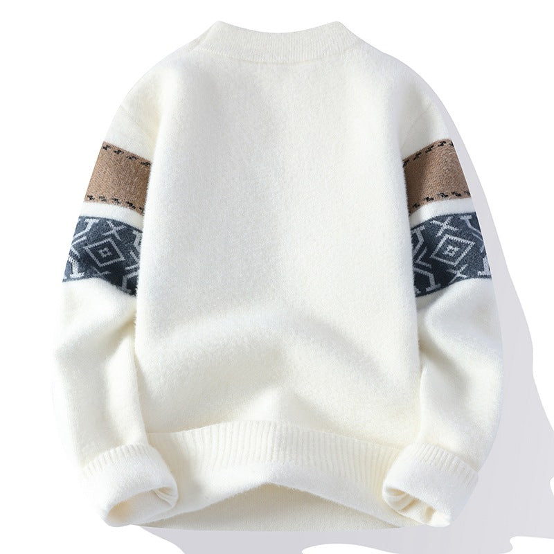 Meska Zimowa Dzianinowa Bluza Z Wzorem Zhakardy, Slim Fit, Kontrastowy Okragly Dekolt