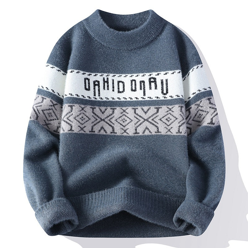 Meska Zimowa Dzianinowa Bluza Z Wzorem Zhakardy, Slim Fit, Kontrastowy Okragly Dekolt