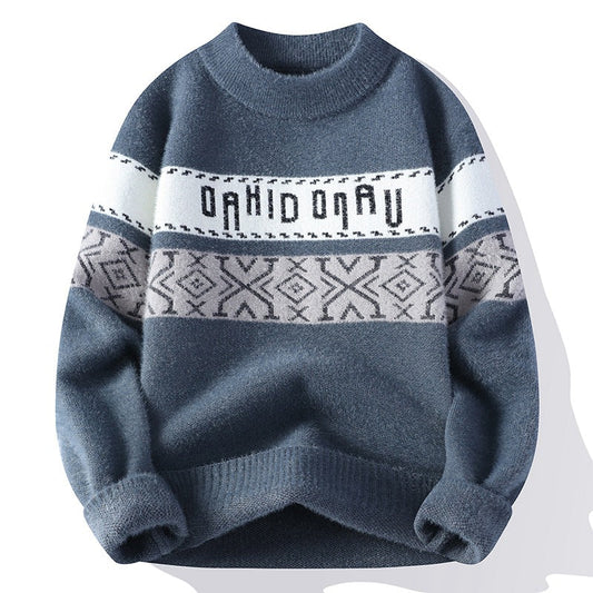Meska Zimowa Dzianinowa Bluza Z Wzorem Zhakardy, Slim Fit, Kontrastowy Okragly Dekolt