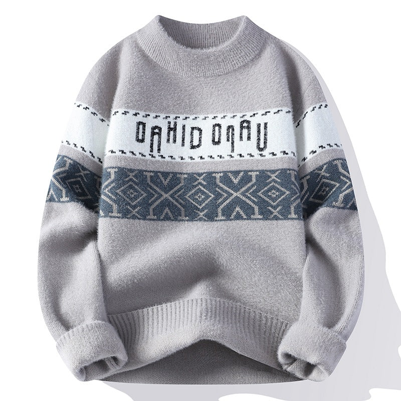 Meska Zimowa Dzianinowa Bluza Z Wzorem Zhakardy, Slim Fit, Kontrastowy Okragly Dekolt