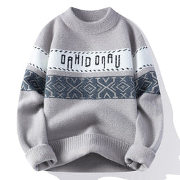 Meska Zimowa Dzianinowa Bluza Z Wzorem Zhakardy, Slim Fit, Kontrastowy Okragly Dekolt