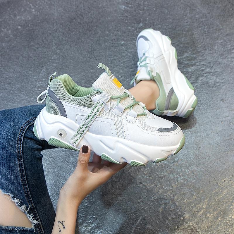 Damskie Sneakersy na Platformie ze Średnim Obcasem, Okrągłym Noskiem i Krzyżowym Paskiem